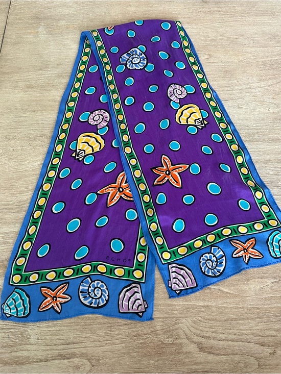 Echo Accessories - VTG Echo Silk Scarf Blue Green Seashell Starfish Nautical Coastal Pop Art Oblong